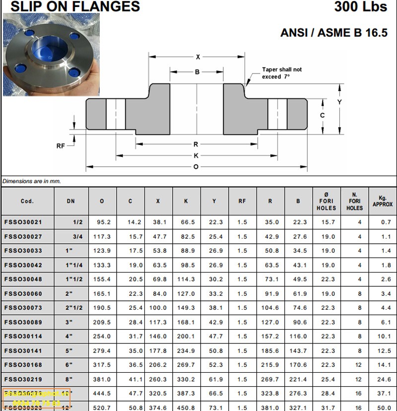 Dimension SORF flange 150lbs