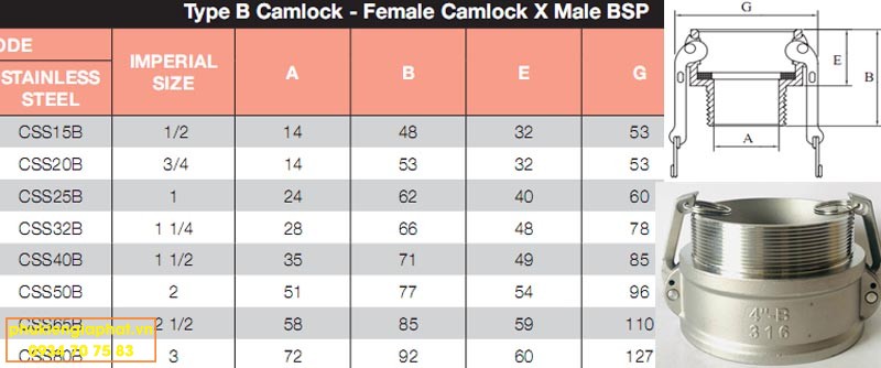 Female camlock male BSP Stainless steel