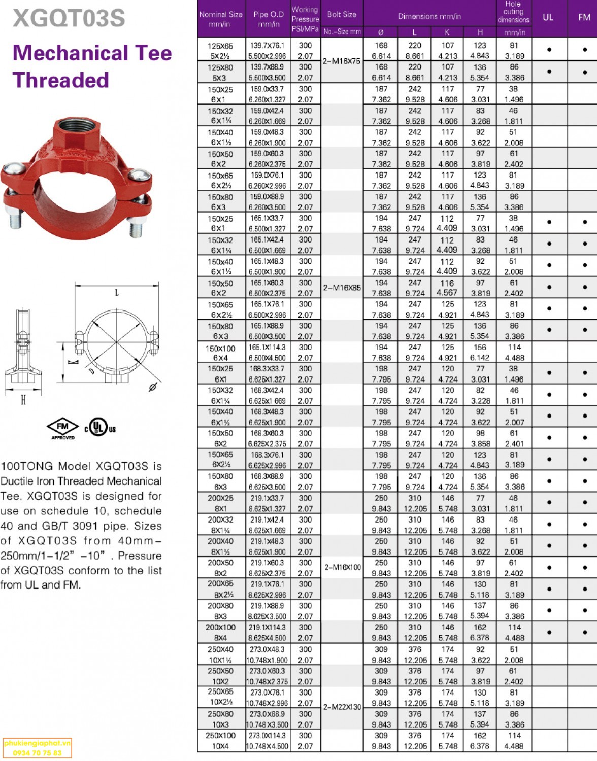 Dimension Mechanical Grooved tee threaded XGQT03S 100Tong