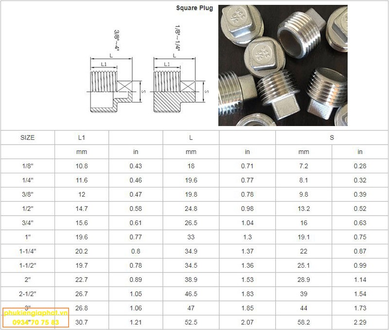 Thông số kỹ thuật của nút bịt inox ren ngoài
