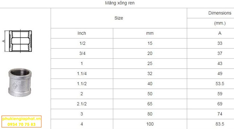 Thông số kỹ thuật măng sông ren mạ kẽm