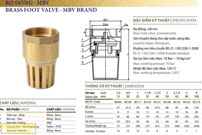 Dimension Brass Foot Valve MBV