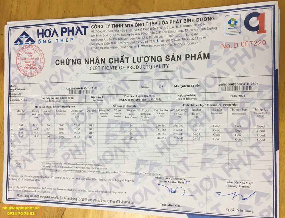CHỨNG NHẬN CHẤT LƯỢNG